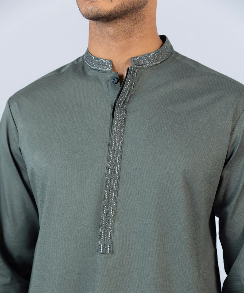 Men's Stitched Cotton Dobby Embroidered Grey Straight Hem Kurta