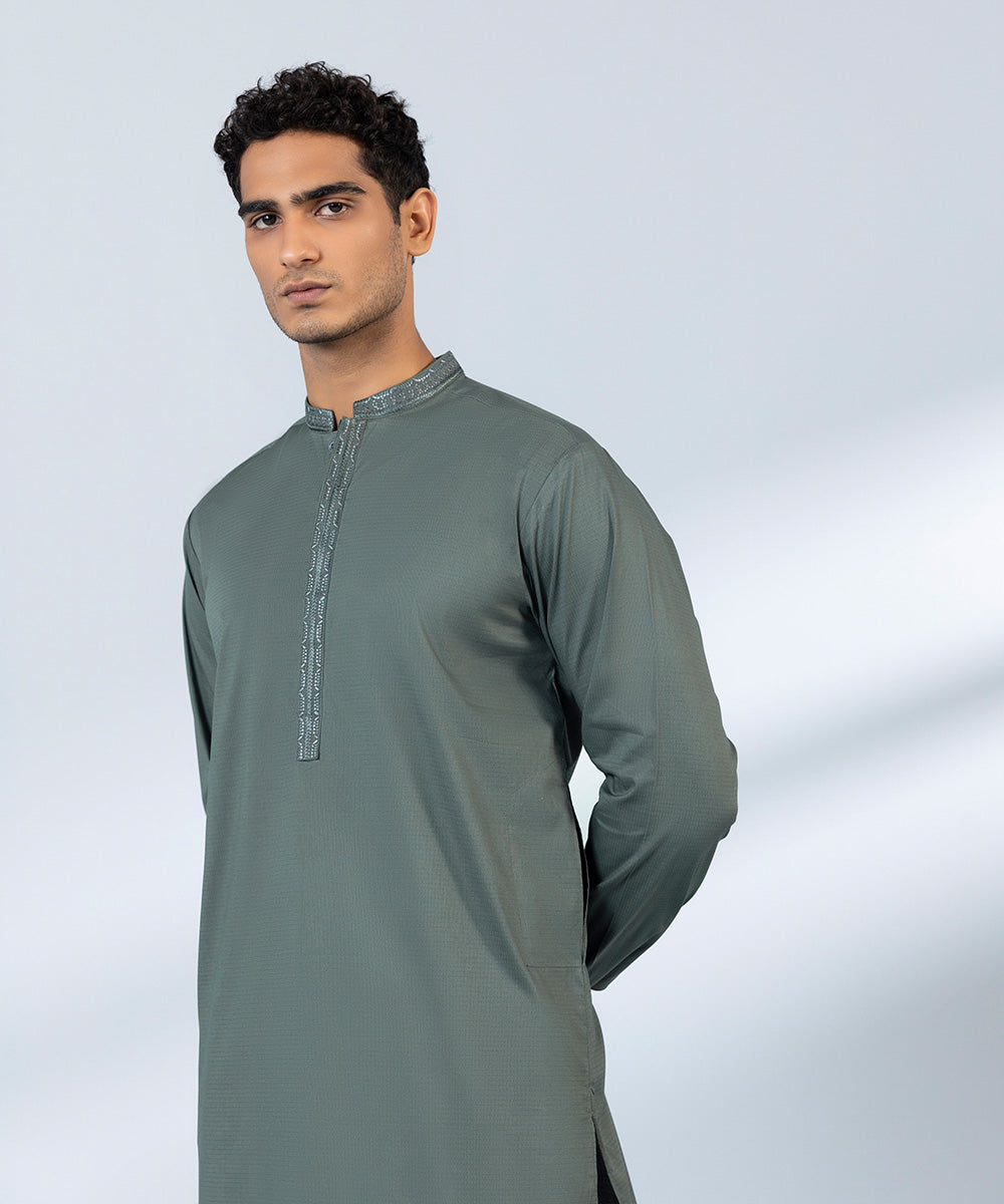 Men's Stitched Cotton Dobby Embroidered Grey Straight Hem Kurta