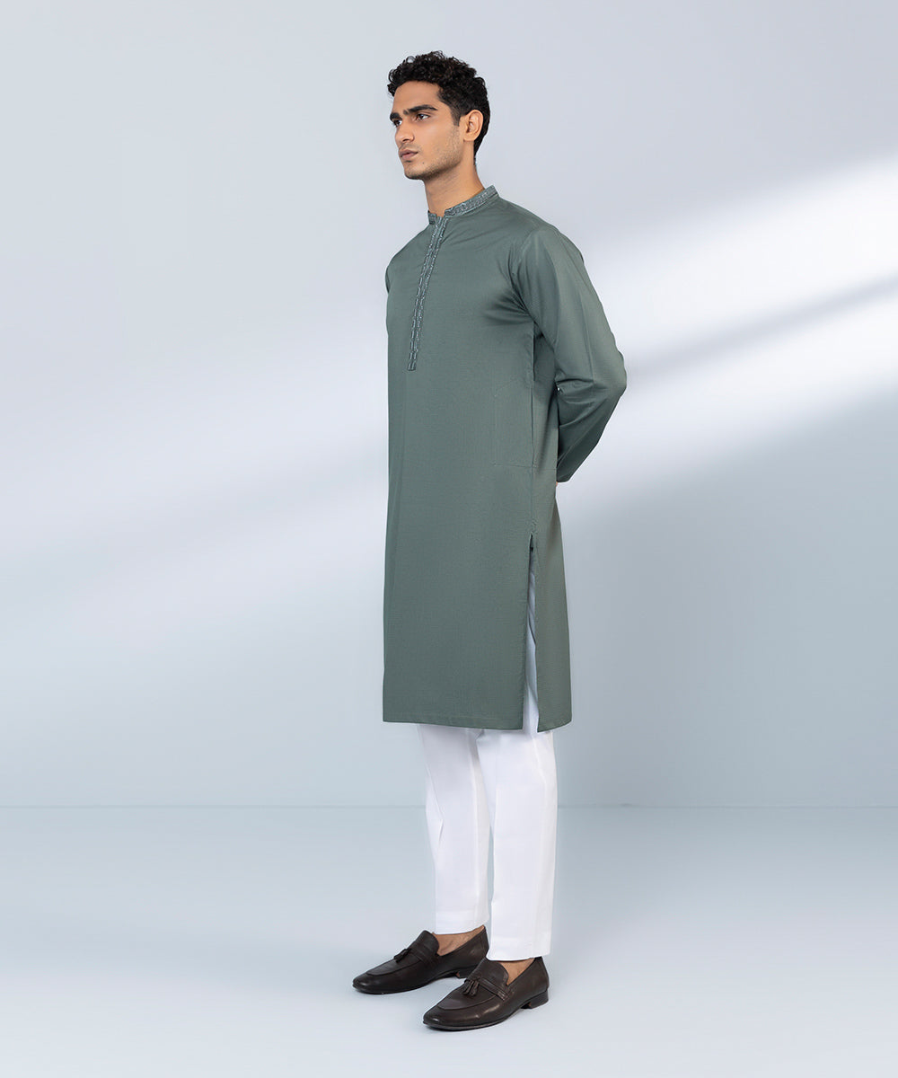 Men's Stitched Cotton Dobby Embroidered Grey Straight Hem Kurta