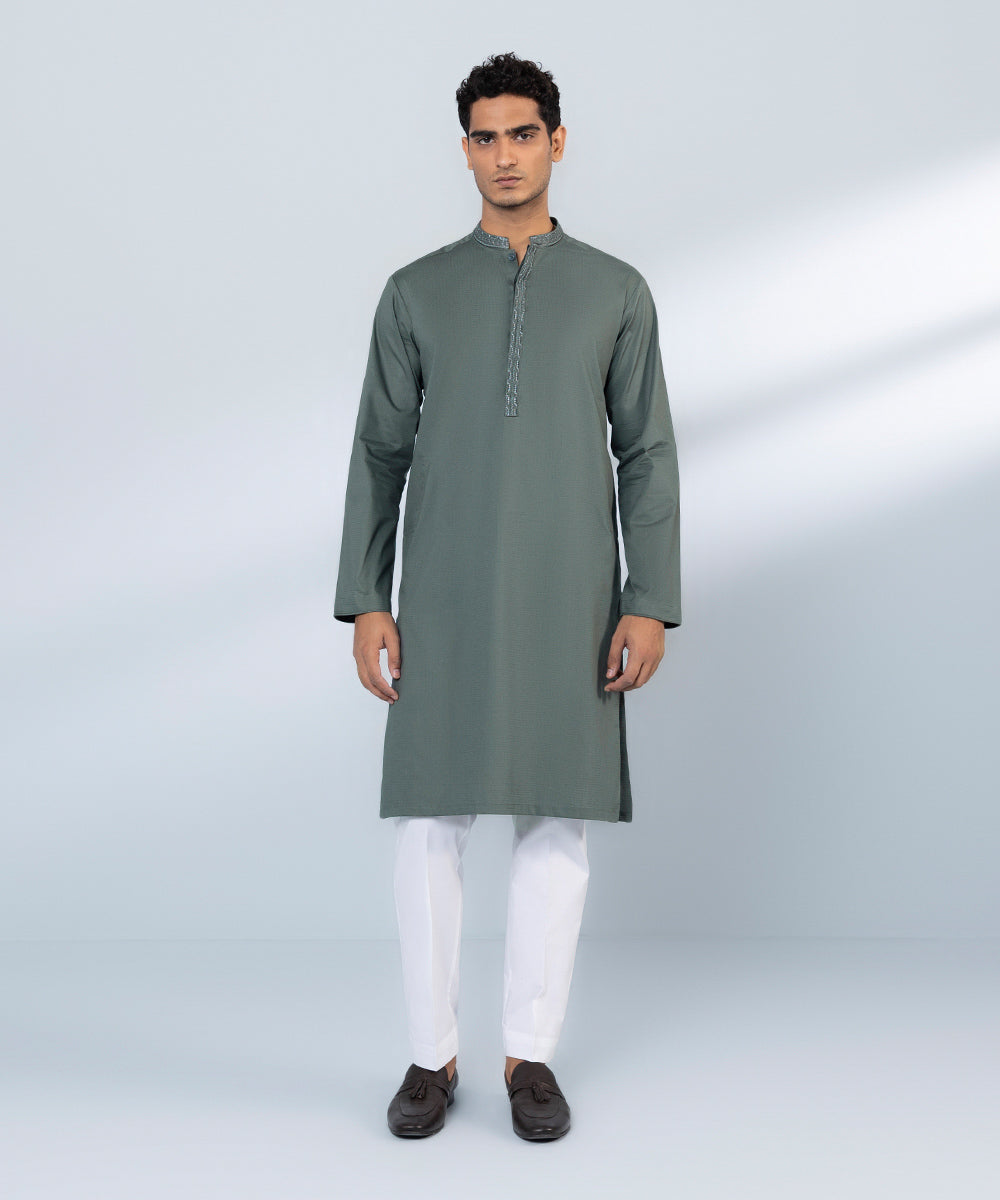 Men's Stitched Cotton Dobby Embroidered Grey Straight Hem Kurta