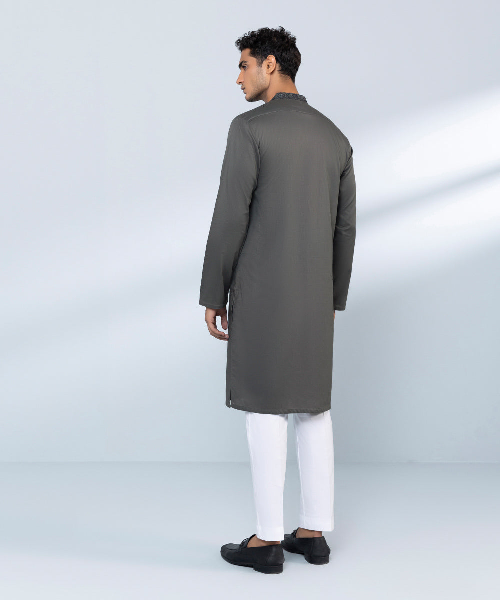 Men's Stitched Cotton Dobby Embroidered Grey Straight Hem Kurta