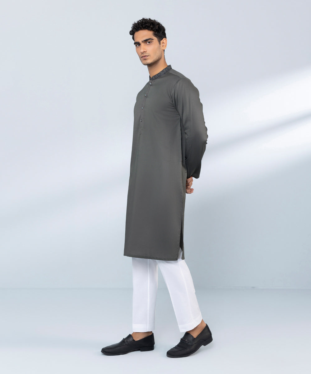 Men's Stitched Cotton Dobby Embroidered Grey Straight Hem Kurta