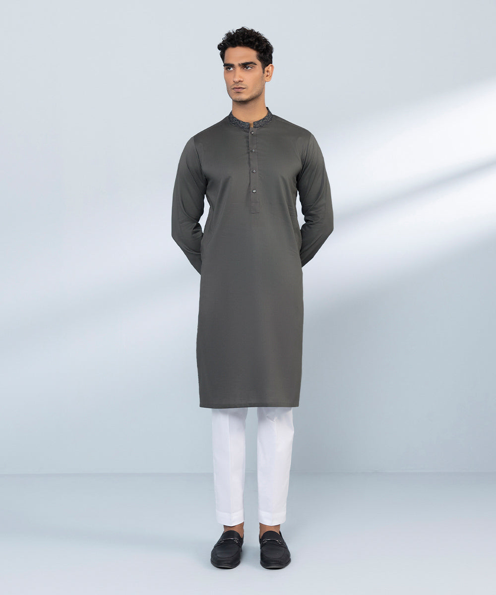 Men's Stitched Cotton Dobby Embroidered Grey Straight Hem Kurta