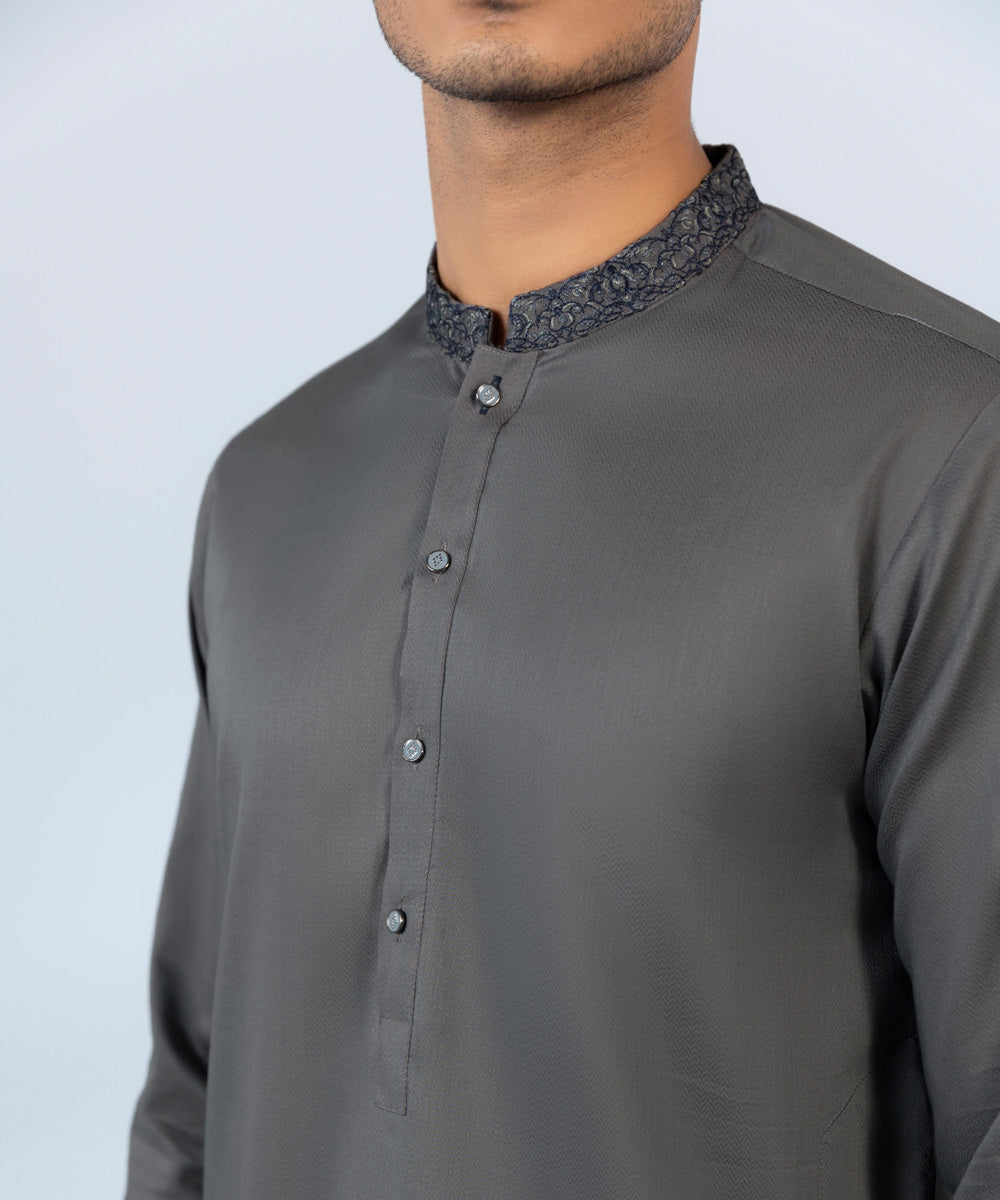 Men's Stitched Cotton Dobby Embroidered Grey Straight Hem Kurta