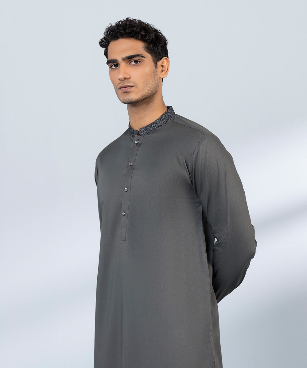 Men's Stitched Cotton Dobby Embroidered Grey Straight Hem Kurta