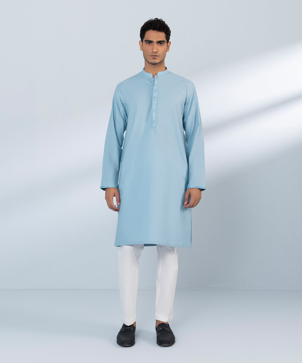 Men's Stitched Cotton Dobby Embroidered Blue Straight Hem Kurta