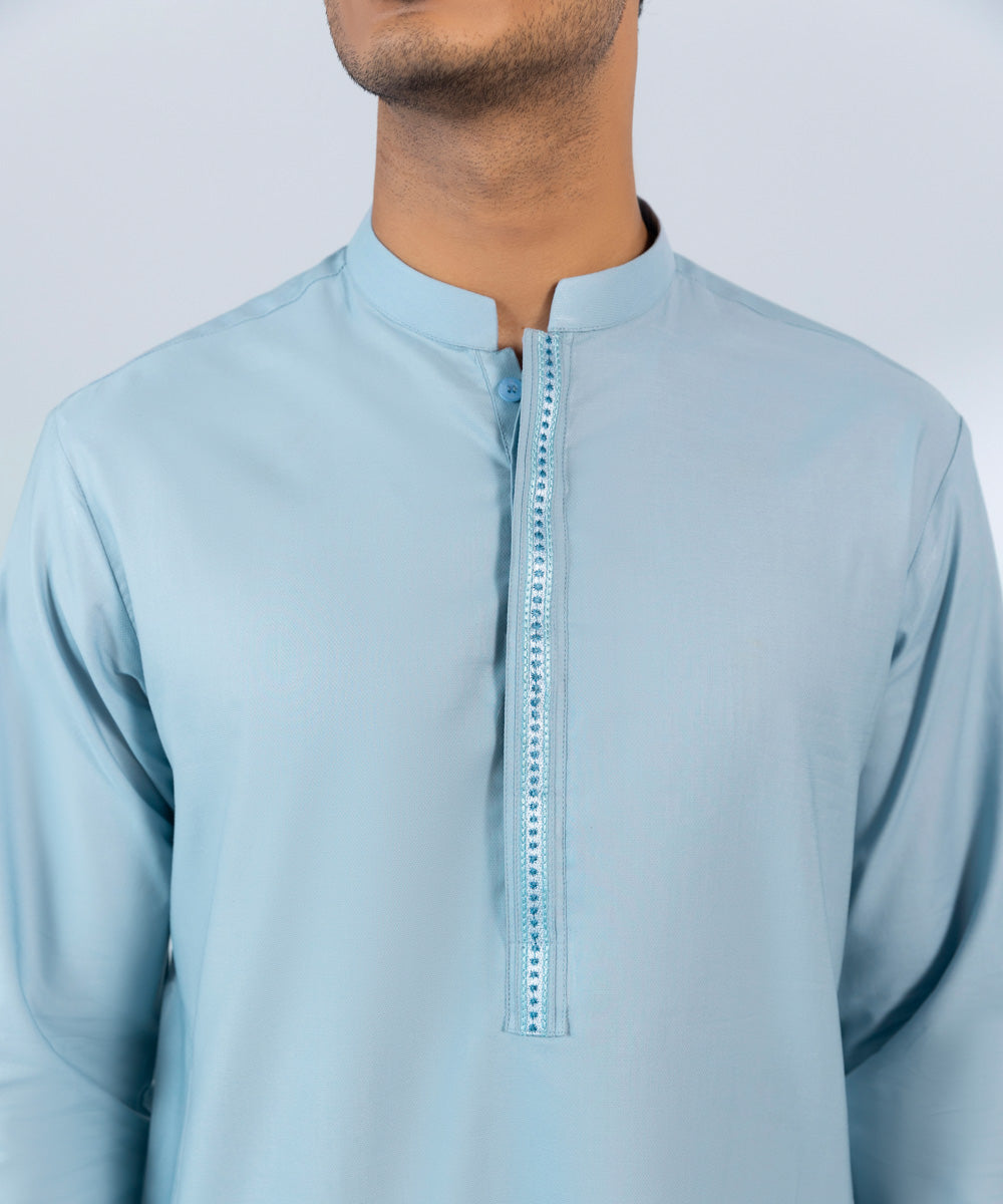 Men's Stitched Cotton Dobby Embroidered Blue Straight Hem Kurta