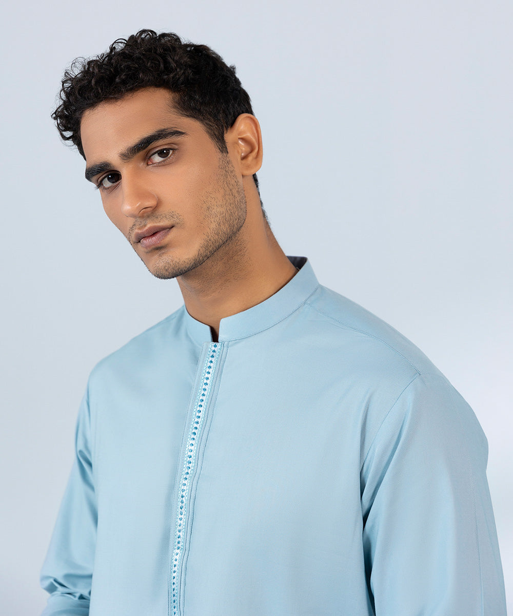 Men's Stitched Cotton Dobby Embroidered Blue Straight Hem Kurta