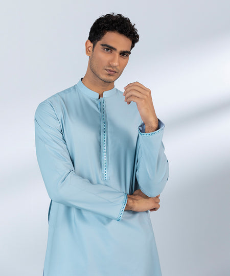 Men's Stitched Cotton Dobby Embroidered Blue Straight Hem Kurta