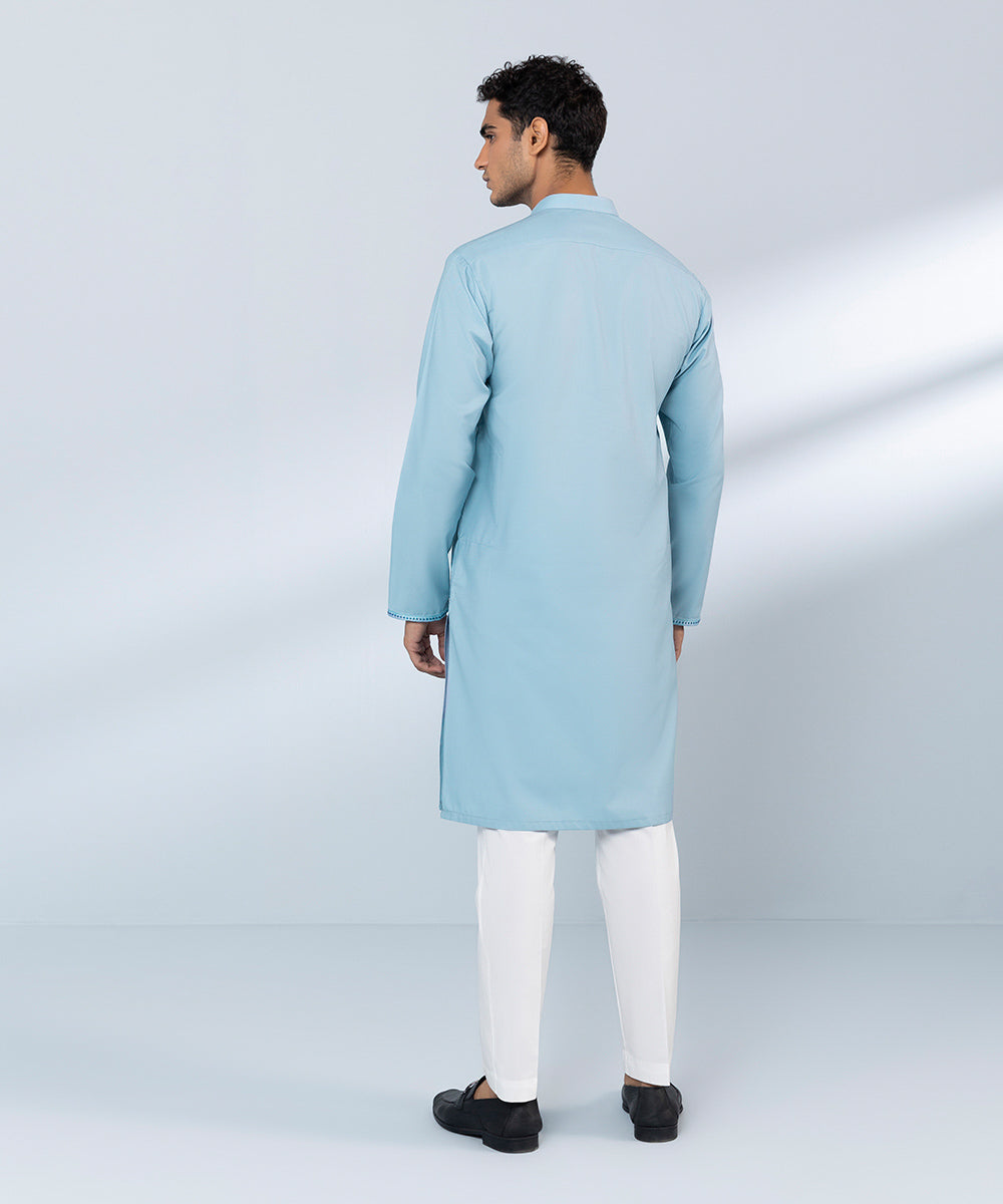 Men's Stitched Cotton Dobby Embroidered Blue Straight Hem Kurta