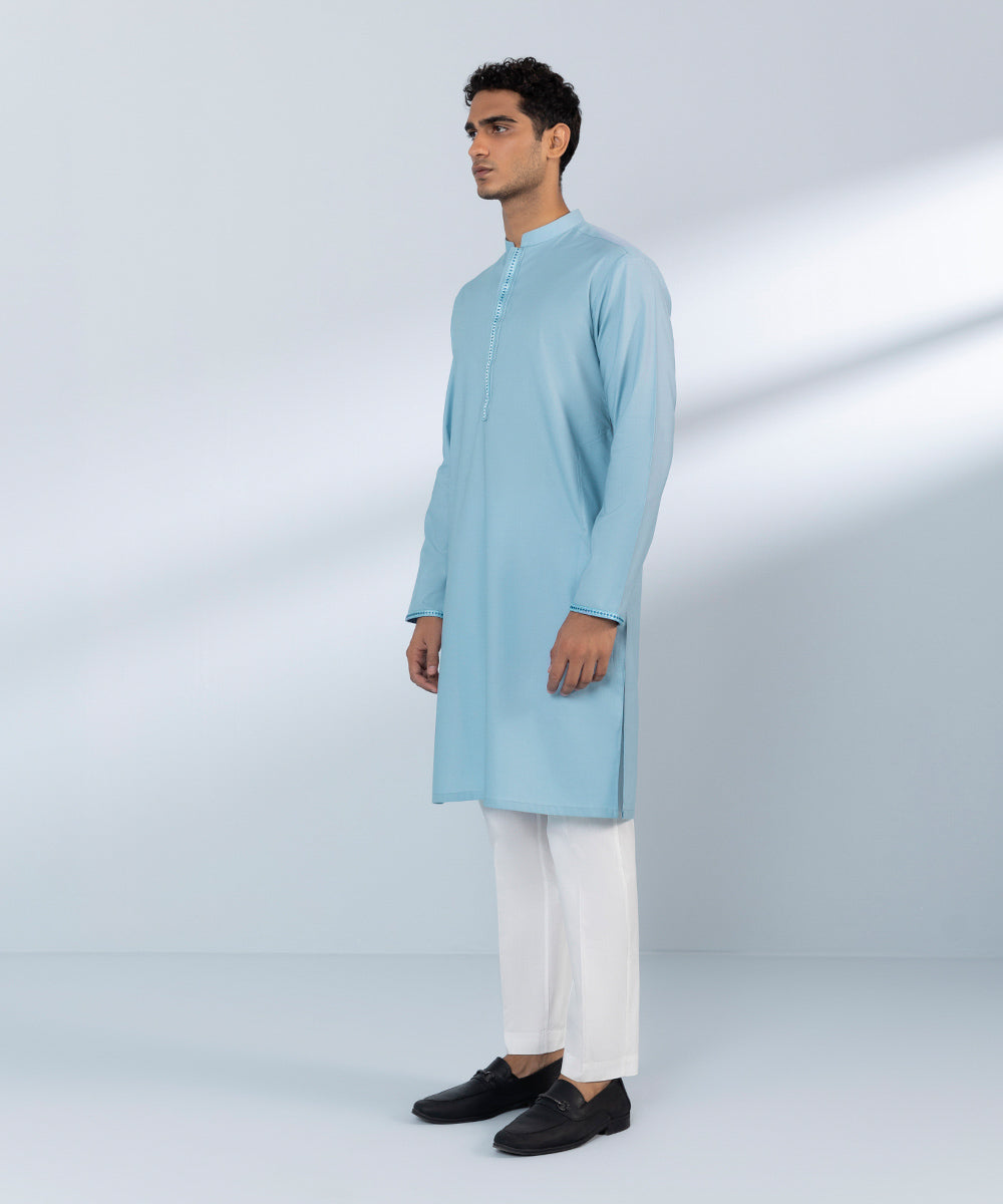 Men's Stitched Cotton Dobby Embroidered Blue Straight Hem Kurta