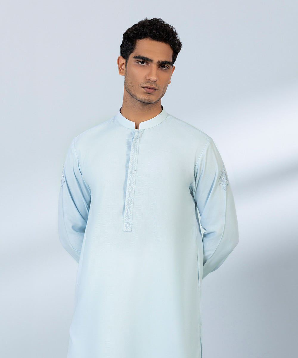 Men's Stitched Jacquard Wash & Wear Embroidered Blue Straight Hem Kurta