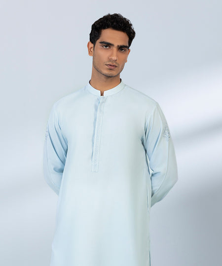 Men's Stitched Jacquard Wash & Wear Embroidered Blue Straight Hem Kurta