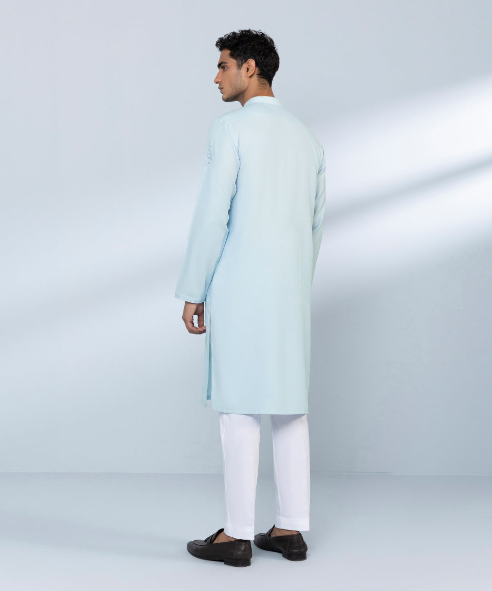 Men's Stitched Jacquard Wash & Wear Embroidered Blue Straight Hem Kurta