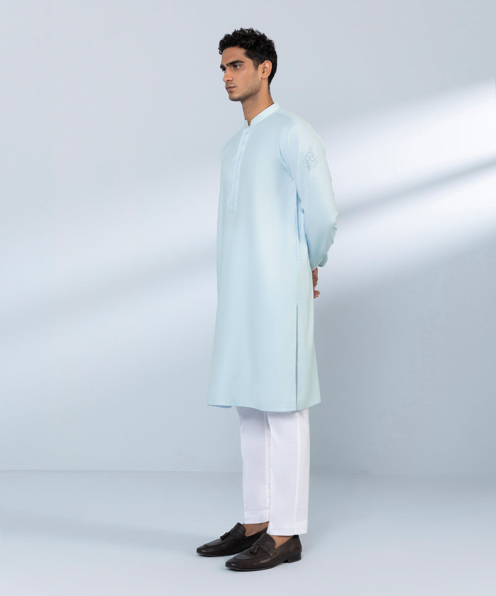 Men's Stitched Jacquard Wash & Wear Embroidered Blue Straight Hem Kurta