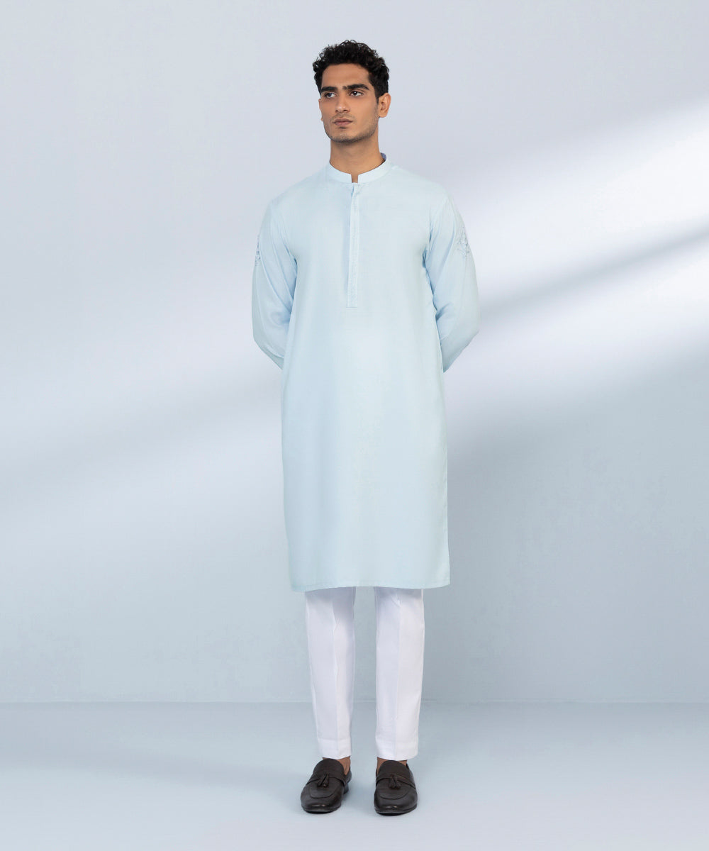 Men's Stitched Jacquard Wash & Wear Embroidered Blue Straight Hem Kurta