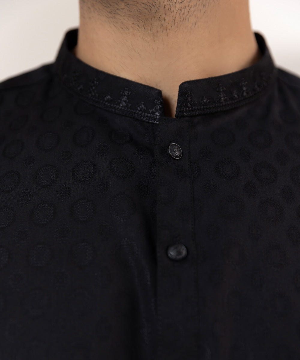 Men's Stitched Blended Jacquard Embroidered Black Straight Hem Kurta
