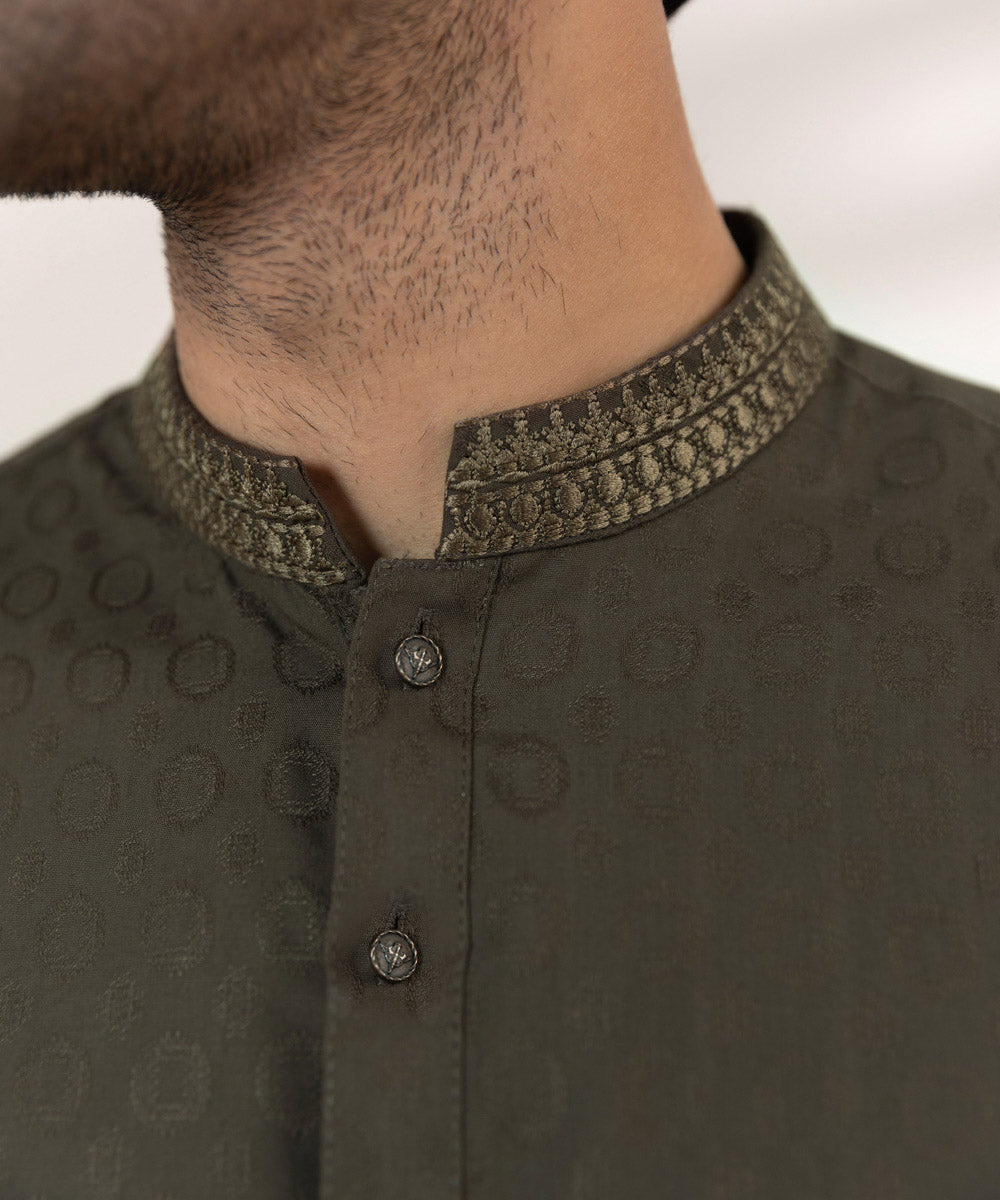 Men's Stitched Blended Jacquard Embroidered Green Straight Hem Kurta