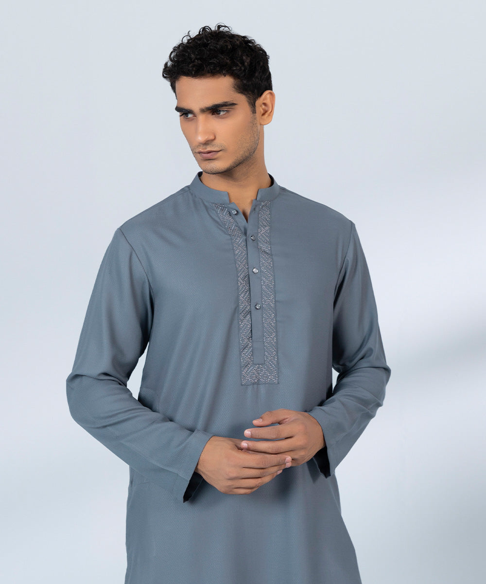 Men's Stitched Jacquard Wash & Wear Embroidered Grey Straight Hem Kurta