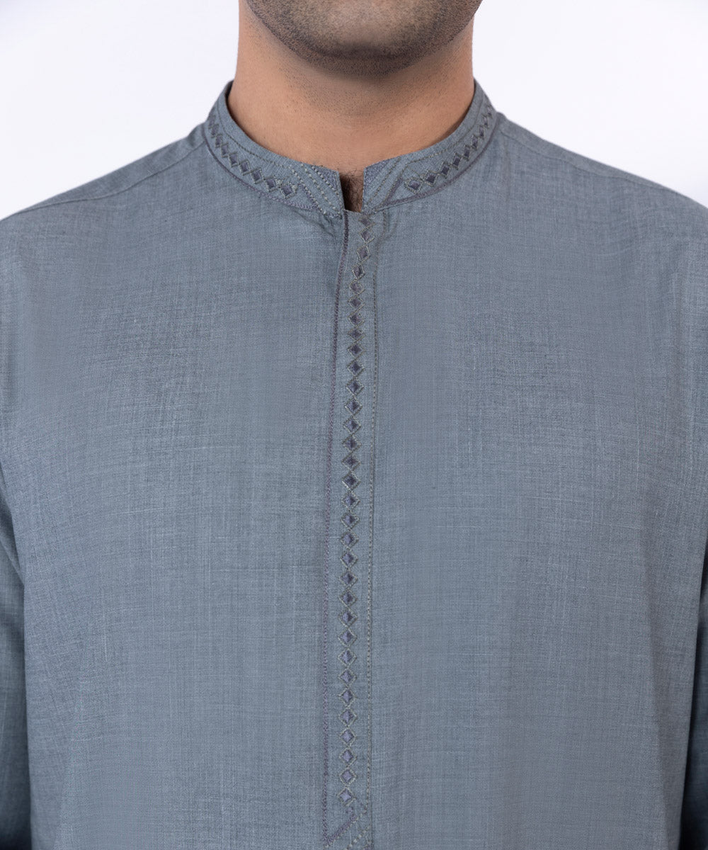 Men's Stitched Grey Wash & Wear Texture Kurta