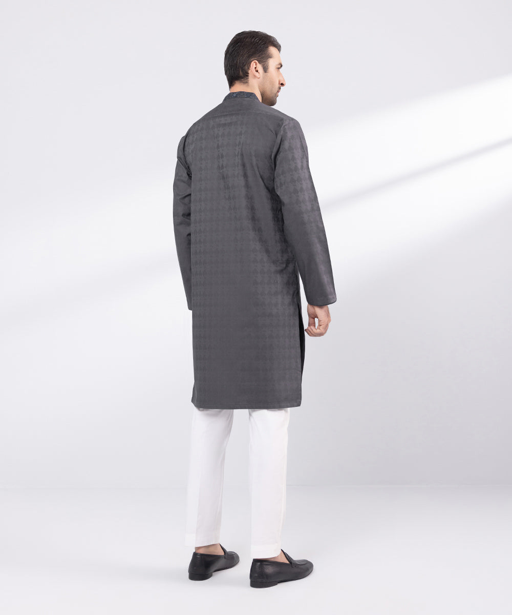 Men's Stitched Grey Embroidered Cotton Jacquard Kurta