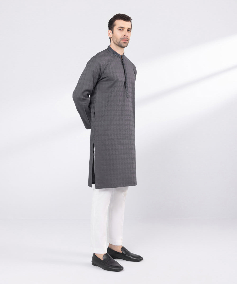 Men's Stitched Grey Embroidered Cotton Jacquard Kurta