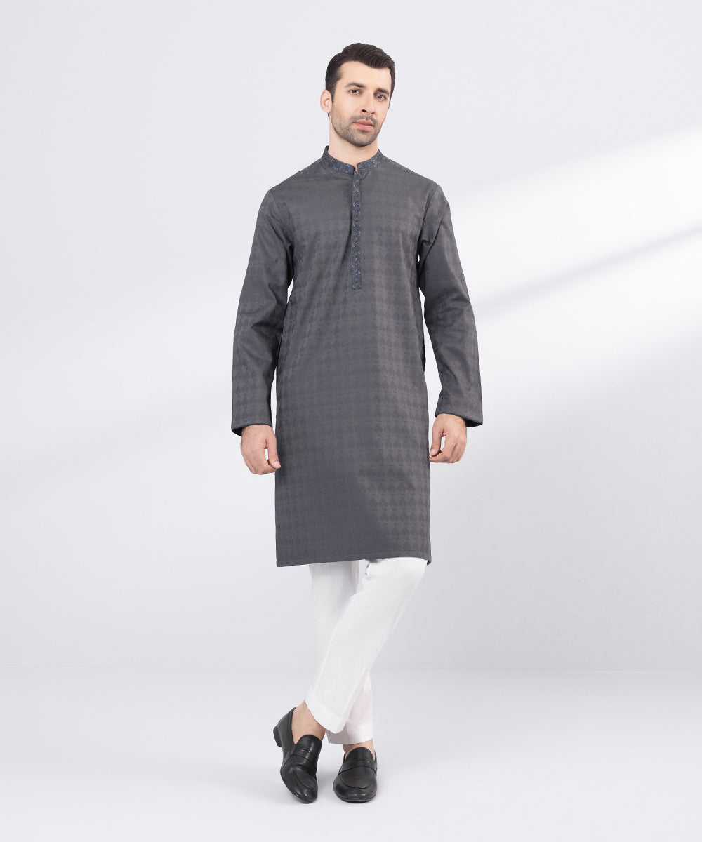 Men's Stitched Grey Embroidered Cotton Jacquard Kurta