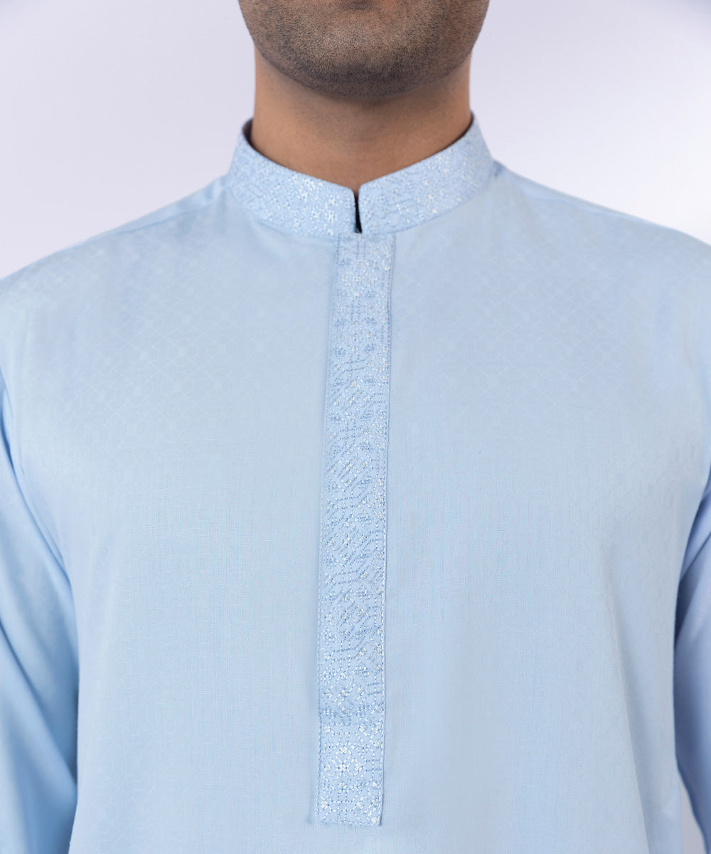 Men's Stitched Sky Blue Wash & Wear Self Texture Kurta