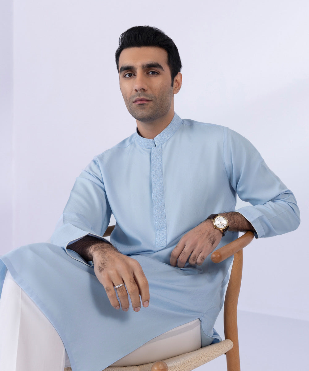 Men's Stitched Sky Blue Wash & Wear Self Texture Kurta