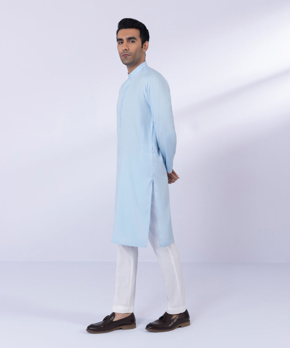 Men's Stitched Sky Blue Wash & Wear Self Texture Kurta