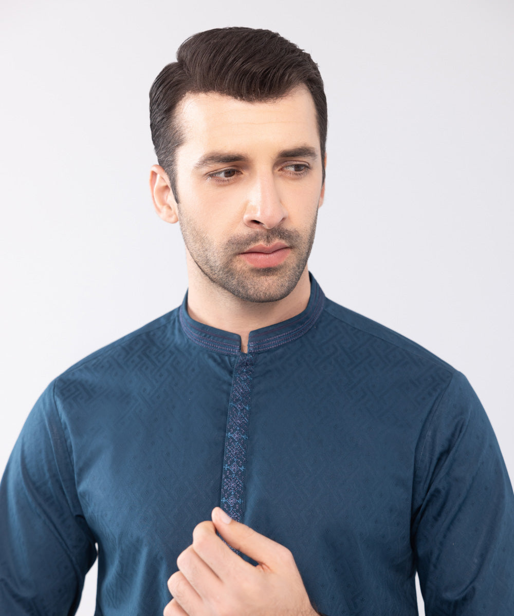 Men's Stitched Blue Embroidered Cotton Jacquard Kurta