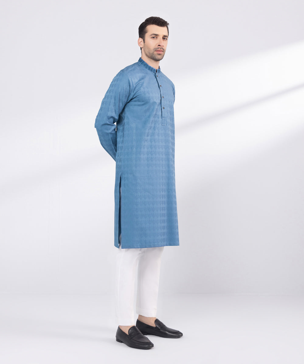 Men's Stitched Blue Embroidered Cotton Jacquard Kurta