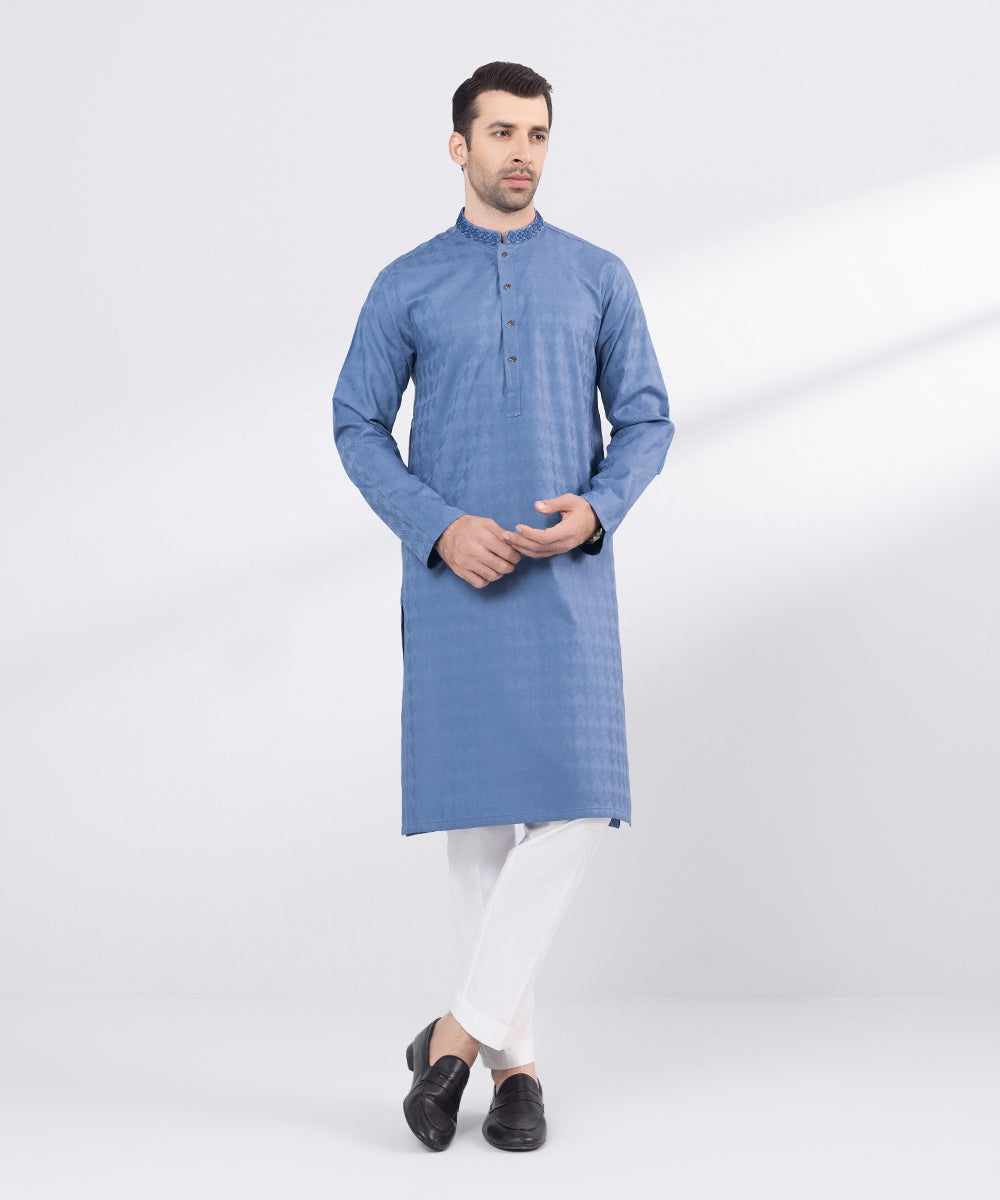 Men's Stitched Blue Embroidered Cotton Jacquard Kurta