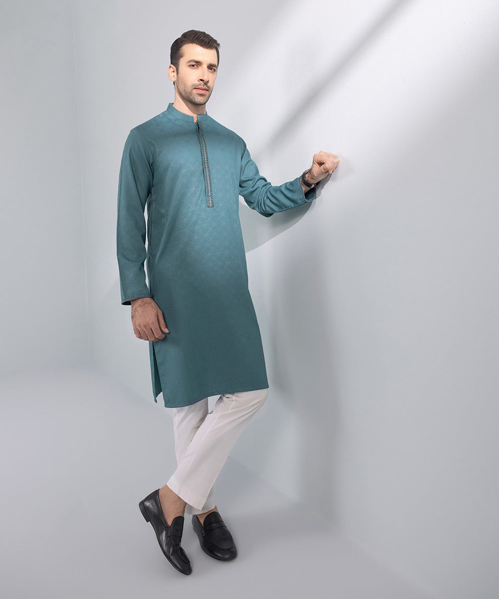 Men's Stitched Blue Embroidered Cotton Jacquard Kurta