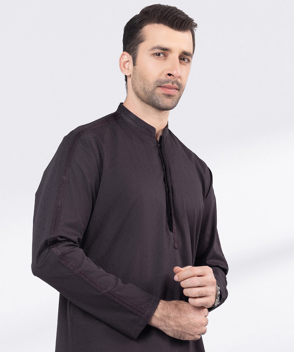 Men's Stitched Purple Embroidered Cotton Jacquard Kurta