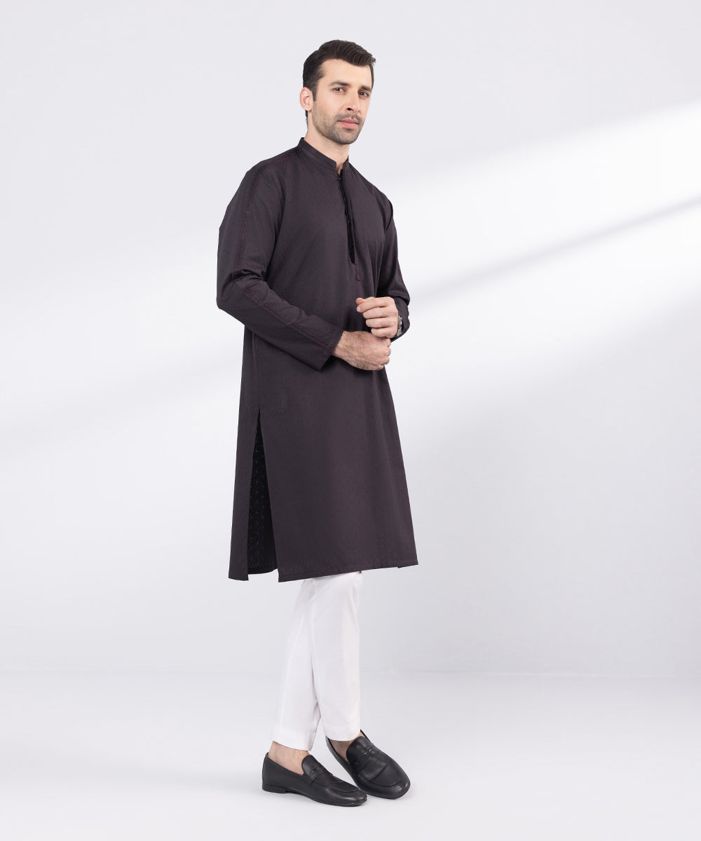 Men's Stitched Purple Embroidered Cotton Jacquard Kurta