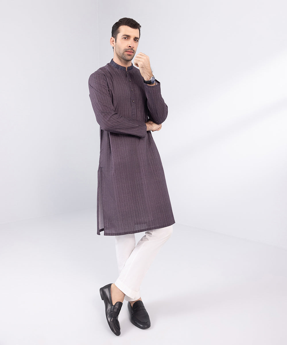 Men's Stitched Purple Embroidered Cotton Kurta