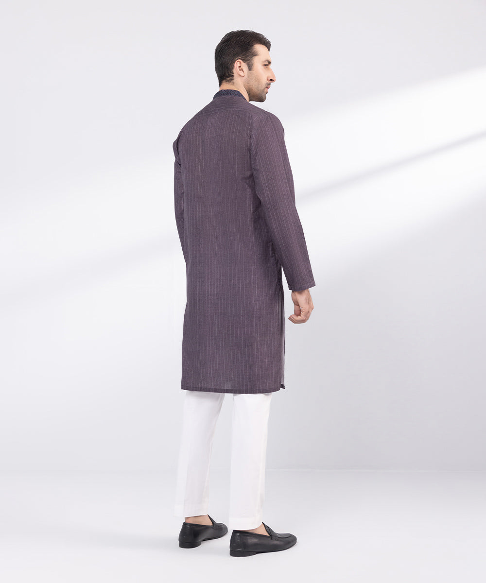 Men's Stitched Purple Embroidered Cotton Kurta