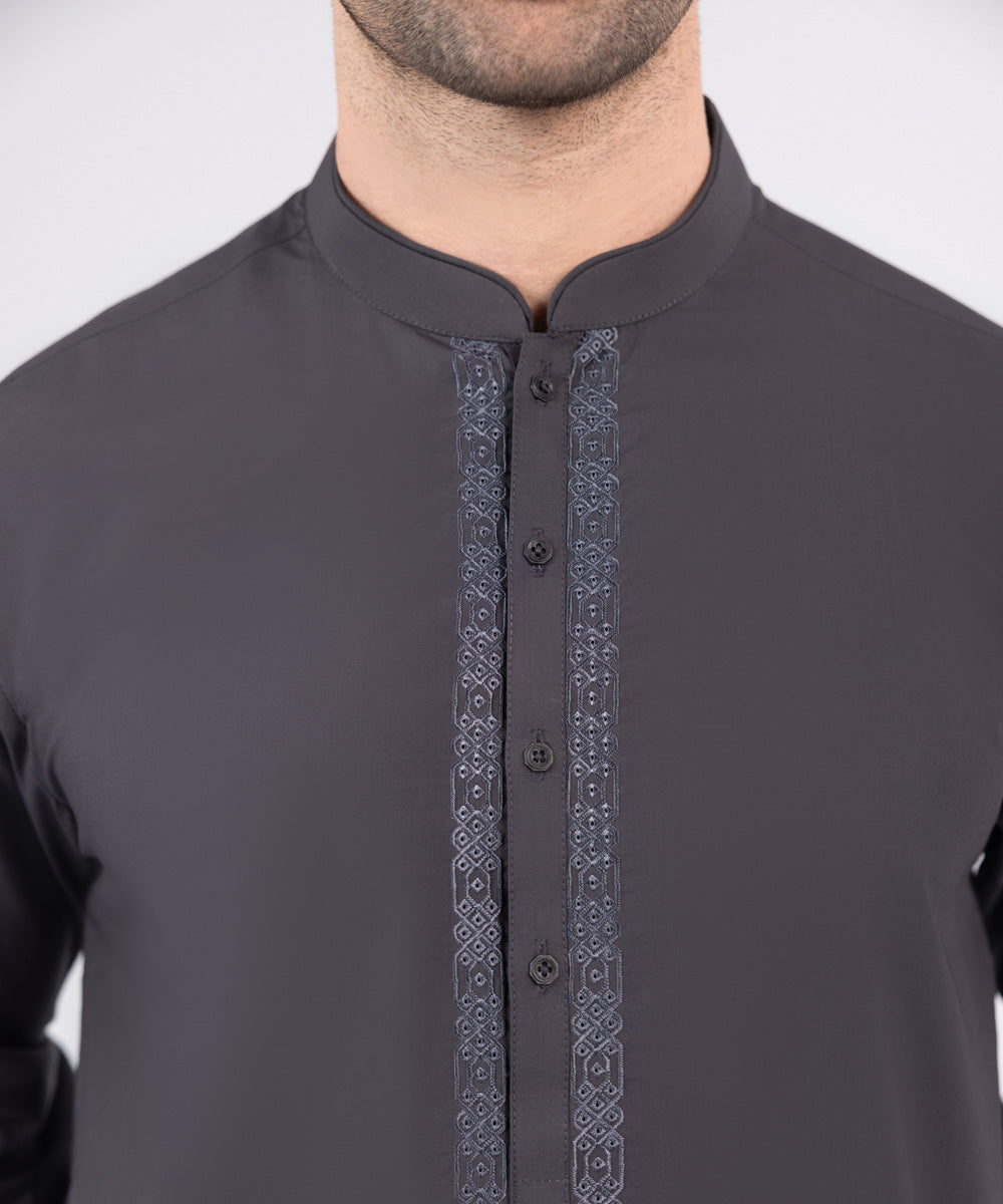 Men's Stitched Grey Embroidered Wash & Wear Kurta