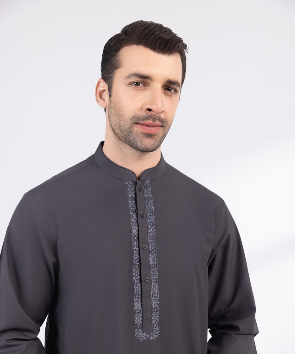 Men's Stitched Grey Embroidered Wash & Wear Kurta