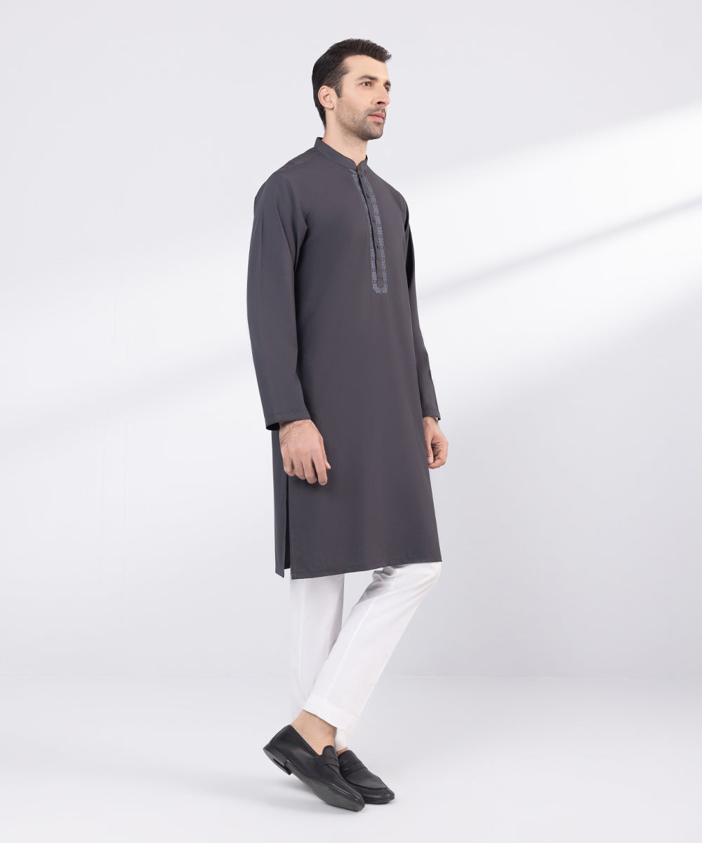 Men's Stitched Grey Embroidered Wash & Wear Kurta