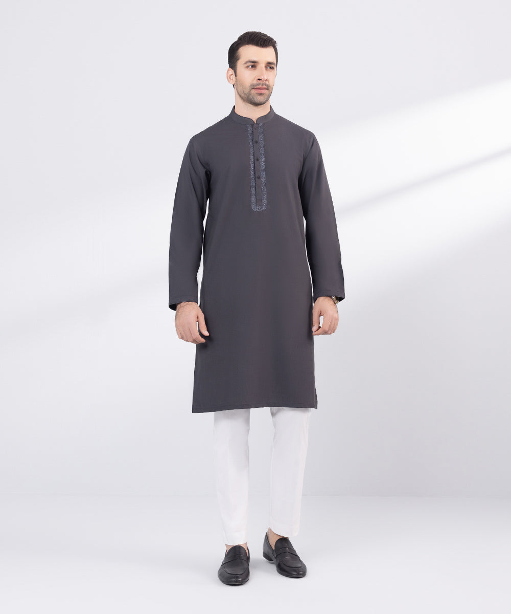 Men's Stitched Grey Embroidered Wash & Wear Kurta