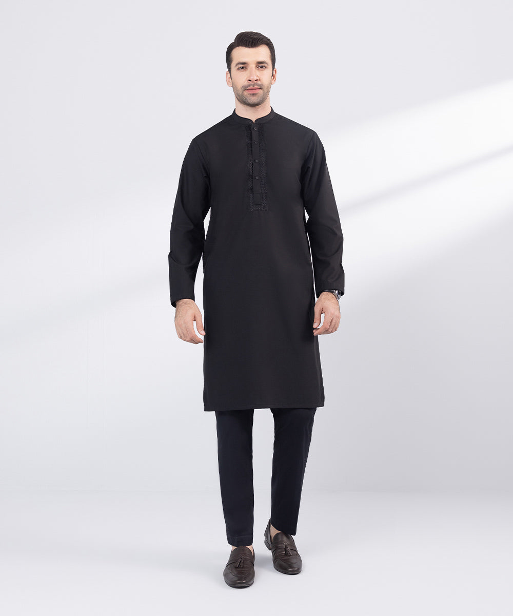 Men's Stitched Black Embroidered Wash & Wear Kurta