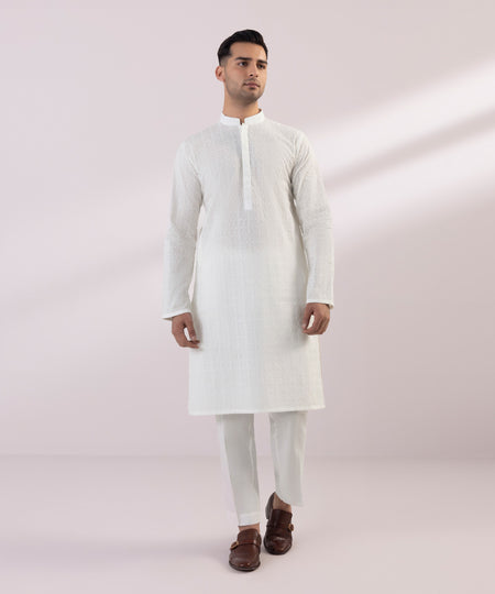 Men's Stitched Embroidered Schiffli White Straight Hem Kurta