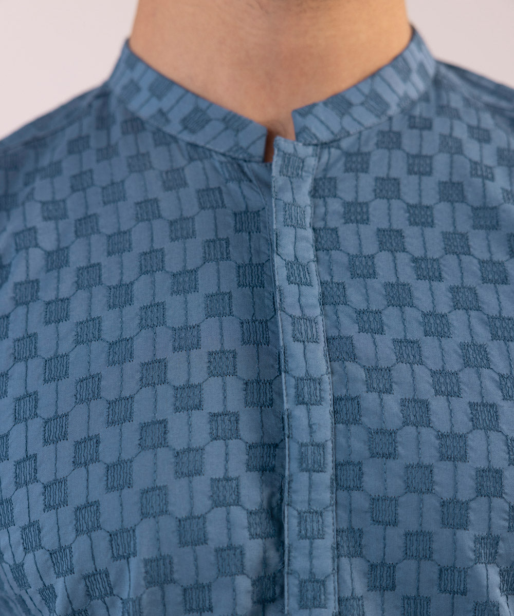 Men's Stitched Embroidered Schiffli Blue Straight Hem Kurta