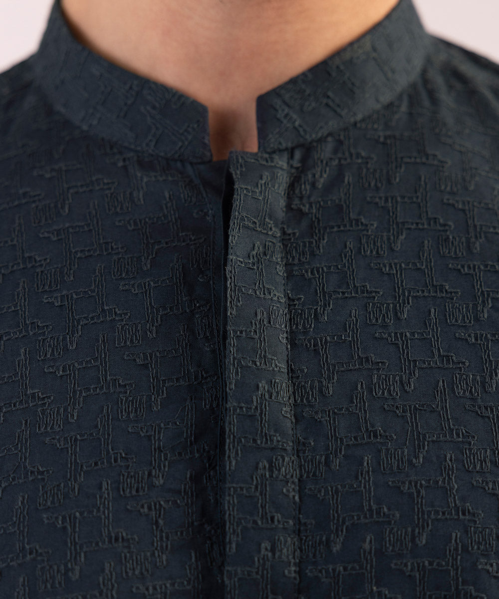 Men's Stitched Embroidered Schiffli Indigo Straight Hem Kurta