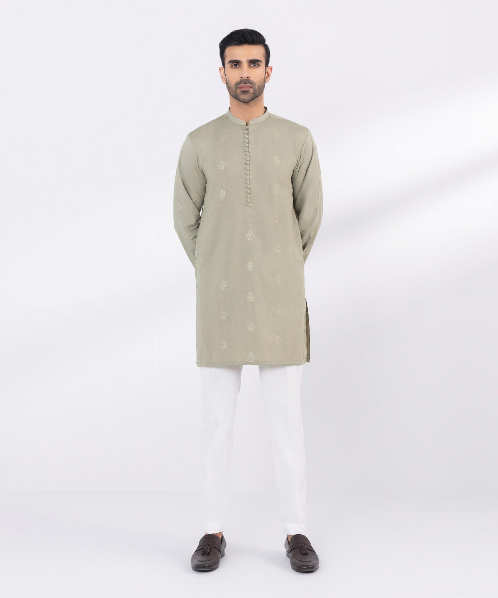 Men's Stitched Embroidered Fancy Wash & Wear Khaki Straight Hem Kurta