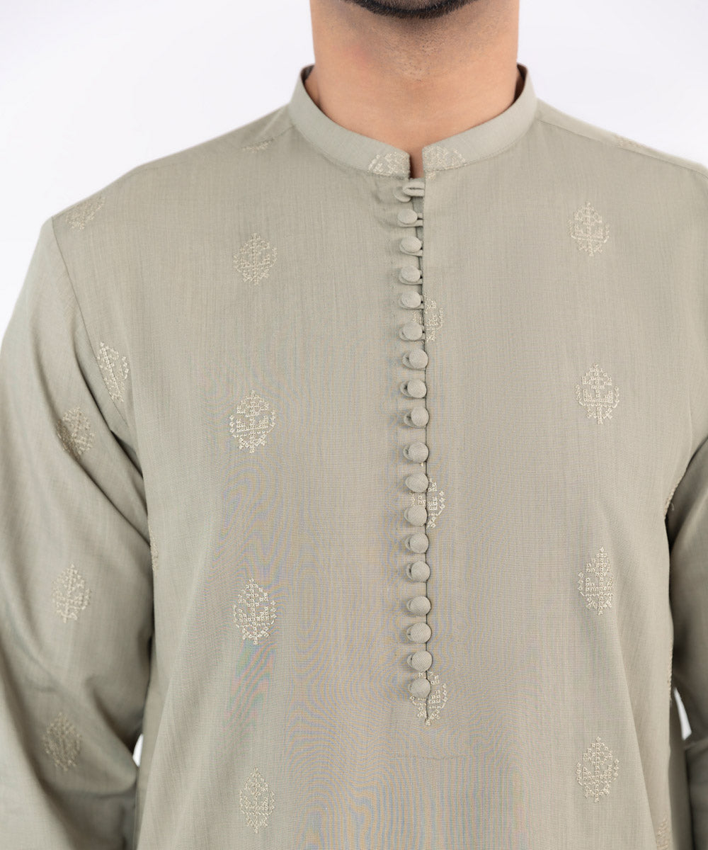 Men's Stitched Embroidered Fancy Wash & Wear Khaki Straight Hem Kurta