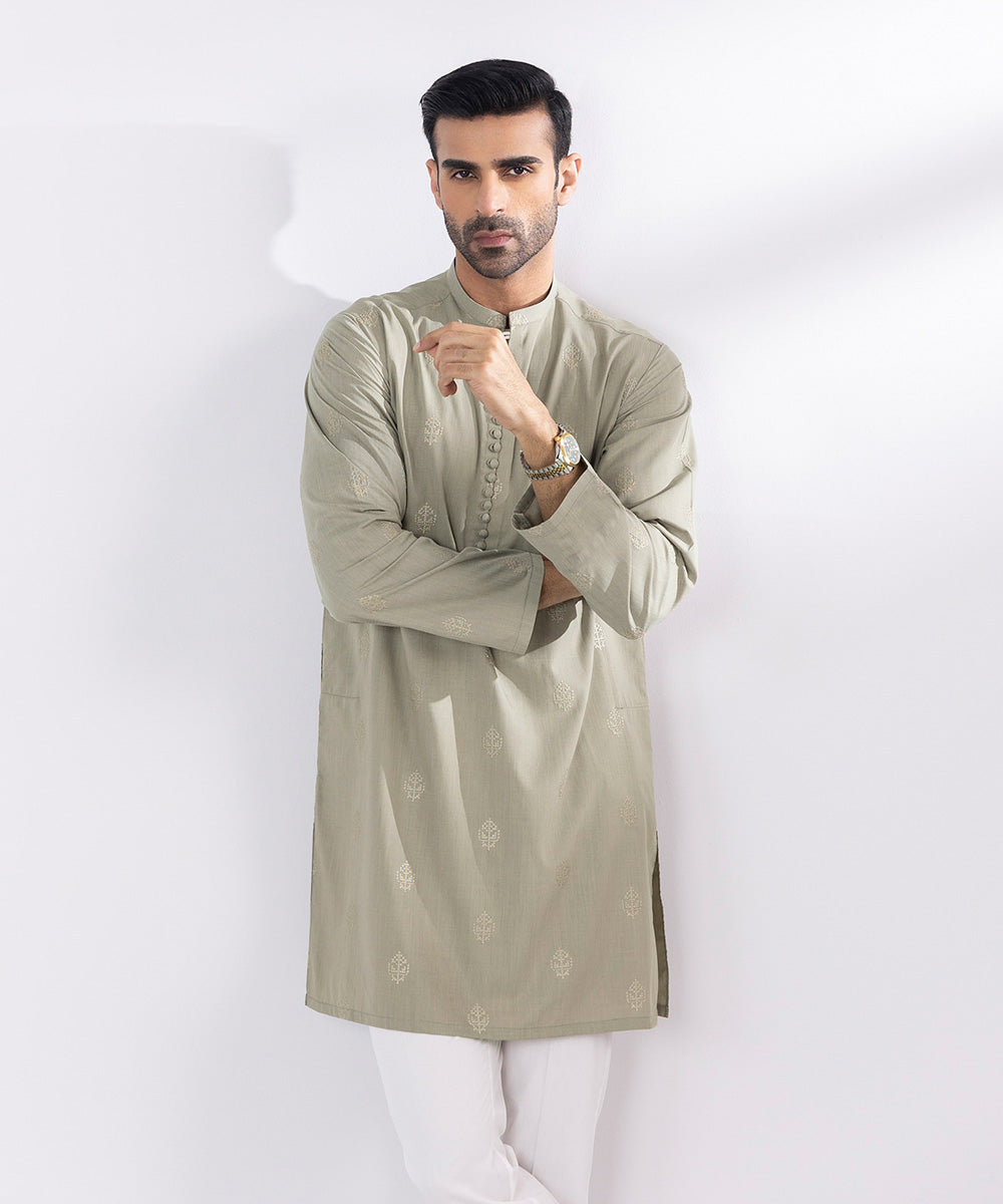 Men's Stitched Embroidered Fancy Wash & Wear Khaki Straight Hem Kurta