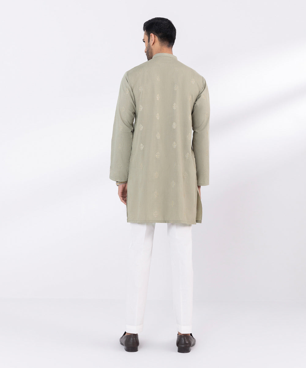 Men's Stitched Embroidered Fancy Wash & Wear Khaki Straight Hem Kurta